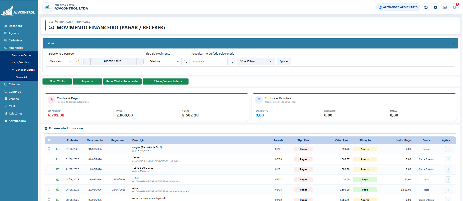 Movimento Financeiro AJVCONTROL
